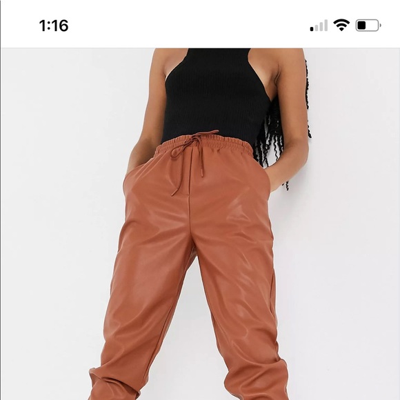 ASOS new look leather look sweatpants in rust - Picture 7 of 8